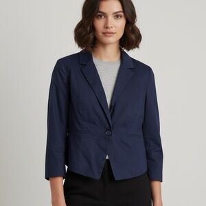 ModCloth Cropped Blazer Jacket Navy Blue 3/4 Sleeve Polka Dot Lining Size L